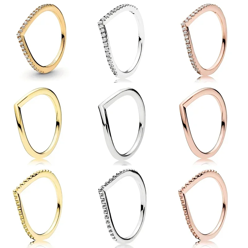 

Original 925 Sterling Silver Ring Rose Sparkling Wishbone Ring Set With Crystal For Women Gift Fashion Jewelry
