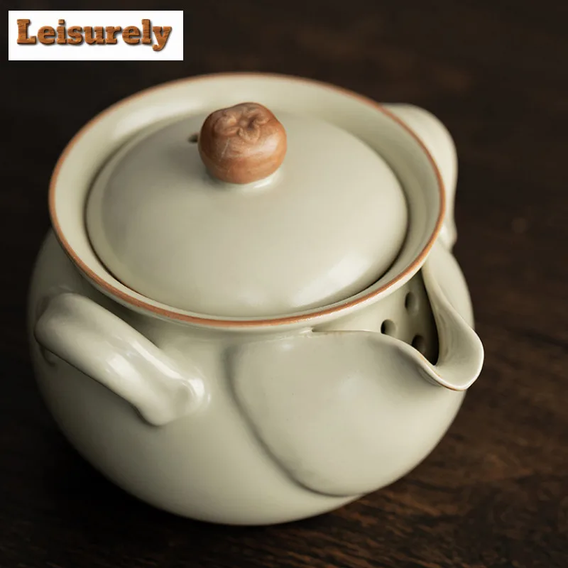 200ML Antique Pink Ru Kiln Hand-held Teapot Not Hot Hand Pot Household Tea Brewing Kettle With Strainer Kungfu Teaset Decoration