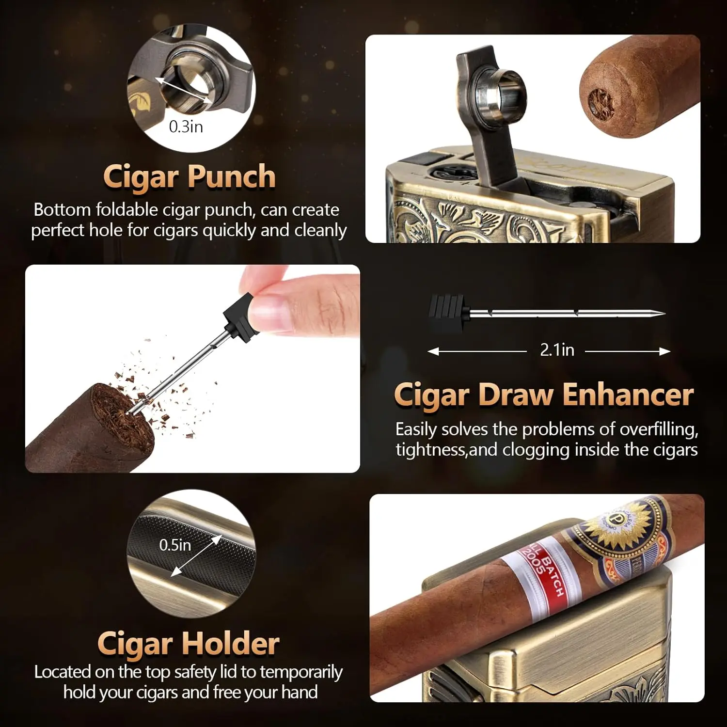Cigar Lighter 4 Jet Flame Refillable Butane Lighter with Cigar Cutter V Cut Punch Holder Draw Enhancer butane gas lighter