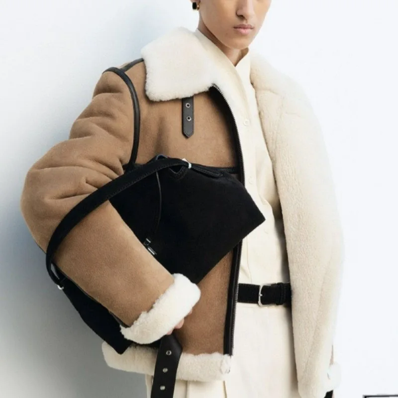 

T0*teme* Women Jacket Winter 2023 Artificial Leather Warm Vintage Classic Short Length Wind Coat Winter Jacket Zipper