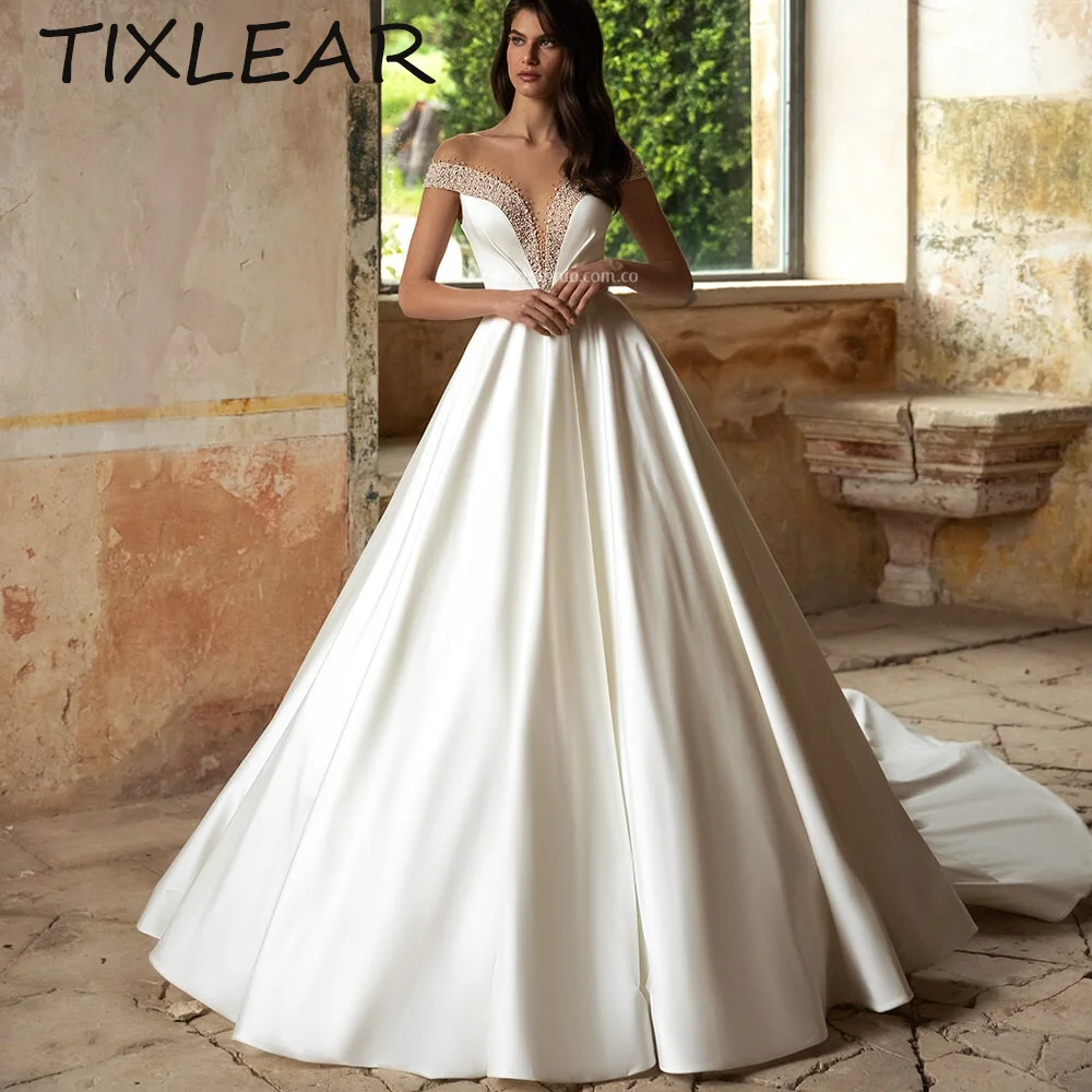 

TIXLEAR A-line Wedding Dresses for Women Simple Modern Off The Shoulder Sweetheart Neck Line Pearls Beading Vestidos De Novia