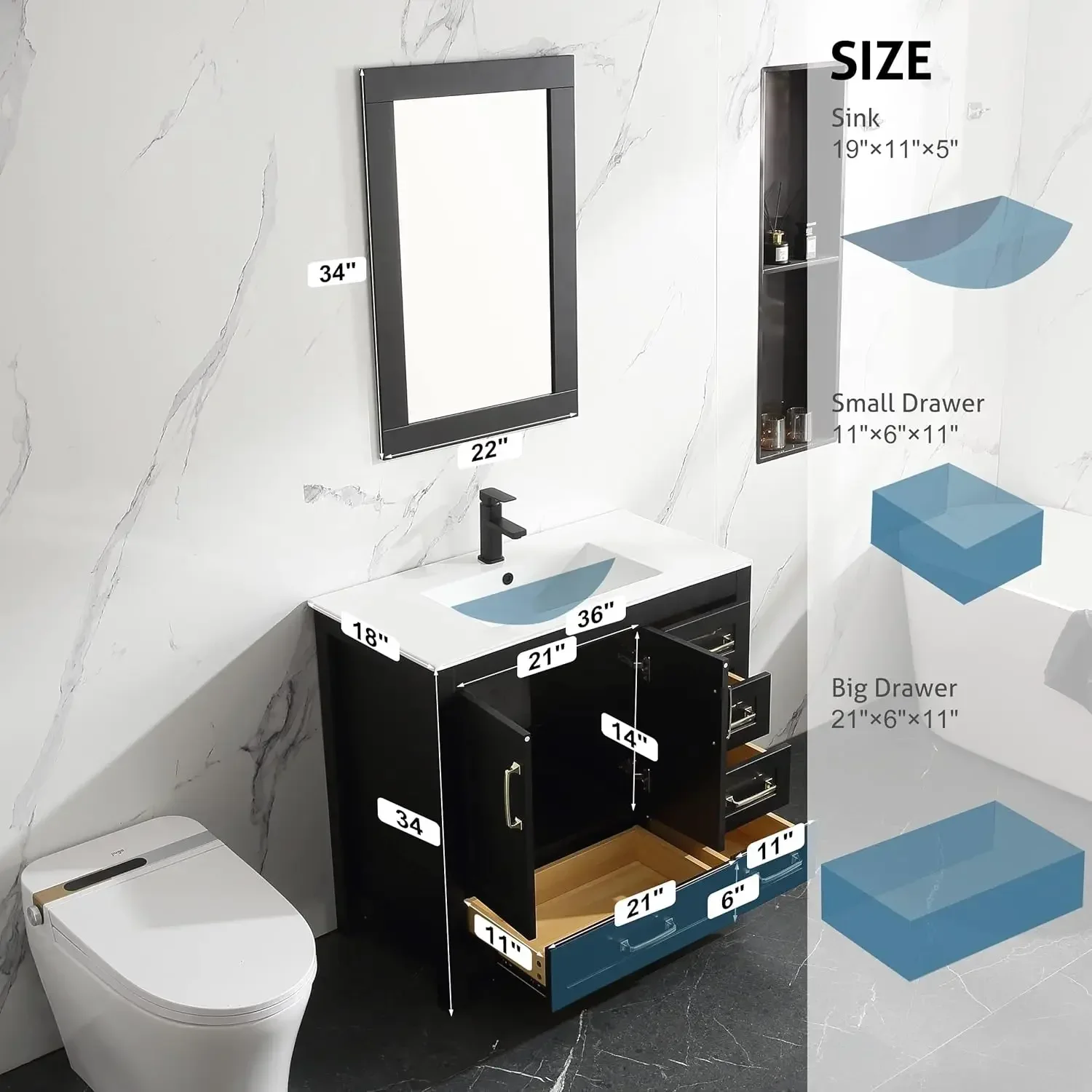 36" Bathroom Vanities Cabinet with Sink Combo Set Undermount Ceramic Sink w/Thickened Wood Painted Surface Black 6