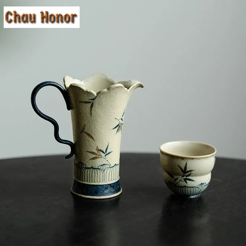 140ml Blue And White Flint Red Tea Pitcher Handmade Gold Drawing Bamboo Cha Hai Dispenser Mug Justice Cup Fair Mug Tea Services