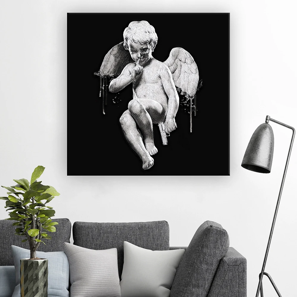 

Gangster Cupid Sketch Art Sculpture Statue Canvas Painting Angel with Wings Poster Print Wall Art For Living Room Home Decor