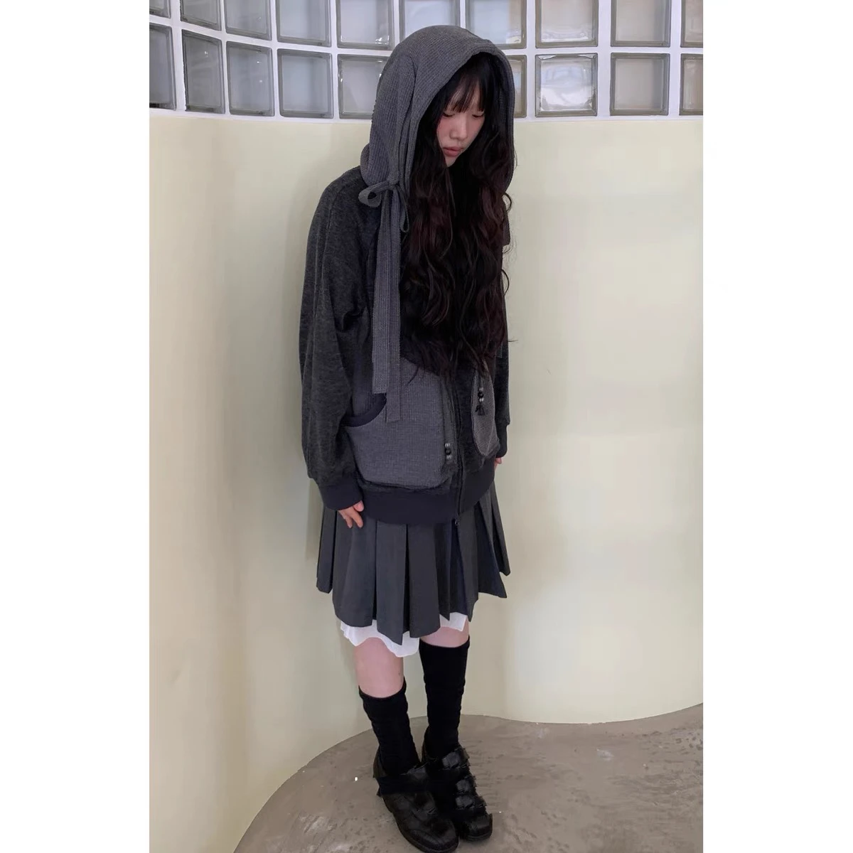 Autumn Winter Hat Bow Tie Wfle Hoodie Jaet Street Sle ort Sve Cartoon Pattern Cotton 00% Regular Fit Hooded Coat