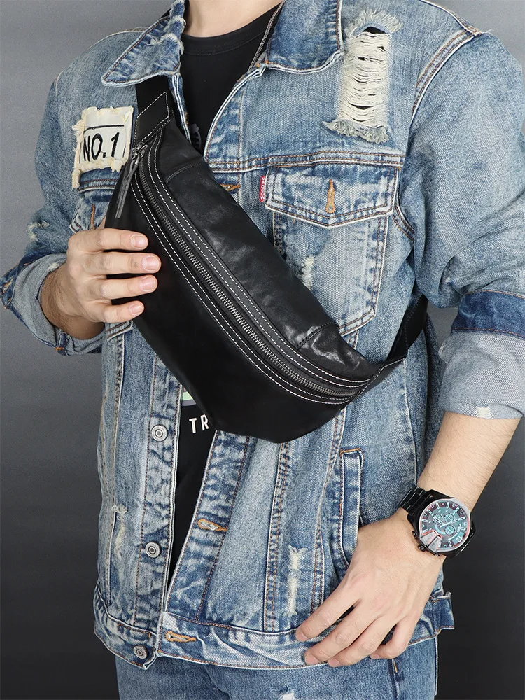 

Genuine Leather Fashion Chest Bag Men's Leather Chest Bag Casual Retro Light Luxury Crossbody Bag