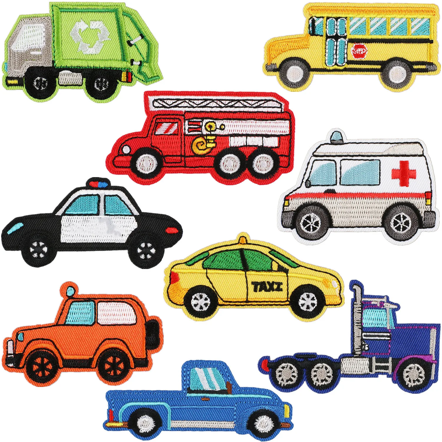 1 pc Iron On Taxi Ambulance Bus Car Fire Engine Sanitation truck Stickers Cartoon Pacthes DIY Sewing Clothes Badge Appliques