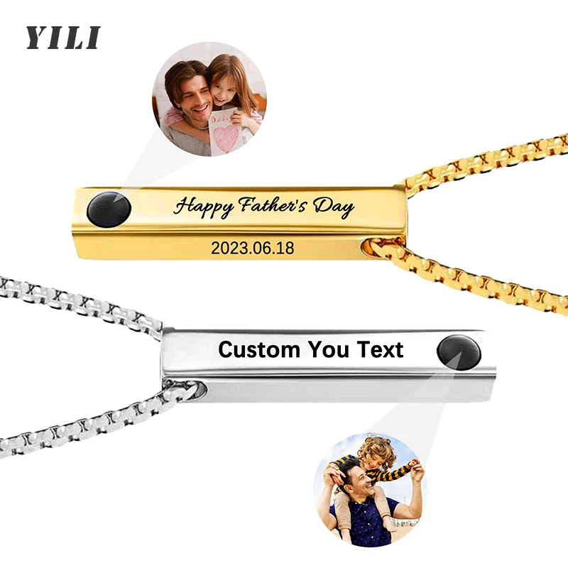 Custom Necklace With Picture Inside 3D Engraved Personalized Bar Name Necklace Custom Name Pendant Necklace for Women Couple