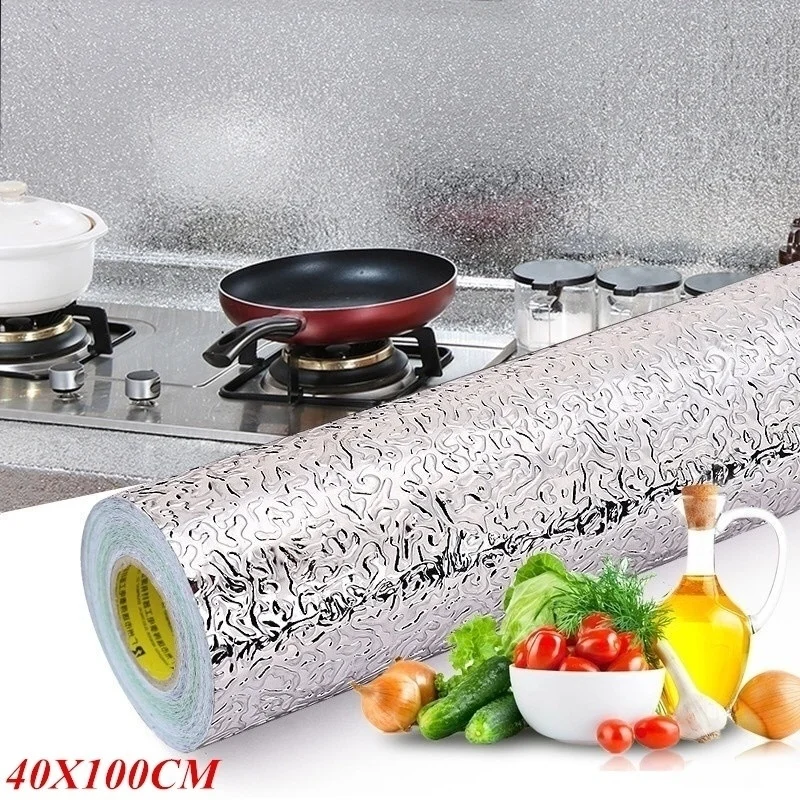 40X100CM Kitchen Oil-proof Aluminum Foil Sticker Wall Desk Floor Waterproof DIY Home Furniture Decorate Foil Style Wallpaper self adhesive stickers self adhesive wallpaper adhesive wallpaper oil proof film