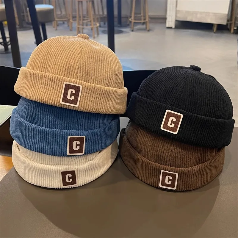Solid Color Letter Baby Beanie Cap Corduroy Hat for Toddler Boy Girl Vintage Adjustable Kids Brimless Hats
