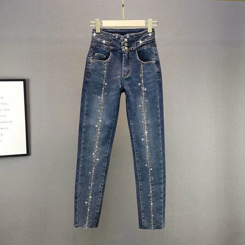 2021 Spring Autumn New High Waist Blue Denim Pants Women's Hot Drilling Street Jeans Cotton Stretch Skinny Jeans Blingbling Blue