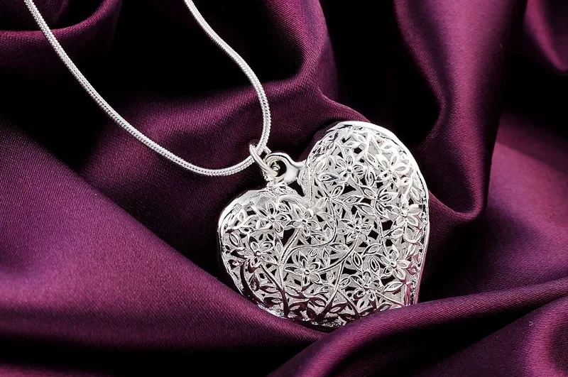 925 Sterling Silver Necklace For Women Heart Leaf pattern Pendant 18-26inch Christmas gifts wedding Jewelry pendant necklace silver necklace silver pendant silver necklace charms
