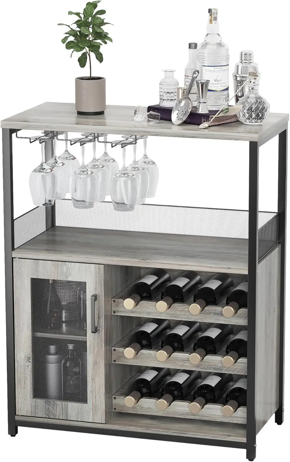 UK Bar Cabinet, Wine Rack Cabinet with Detachable Wine Rack, Adjustable Shelves Coffee Bar Cabinets with Mesh Door and Baffle De