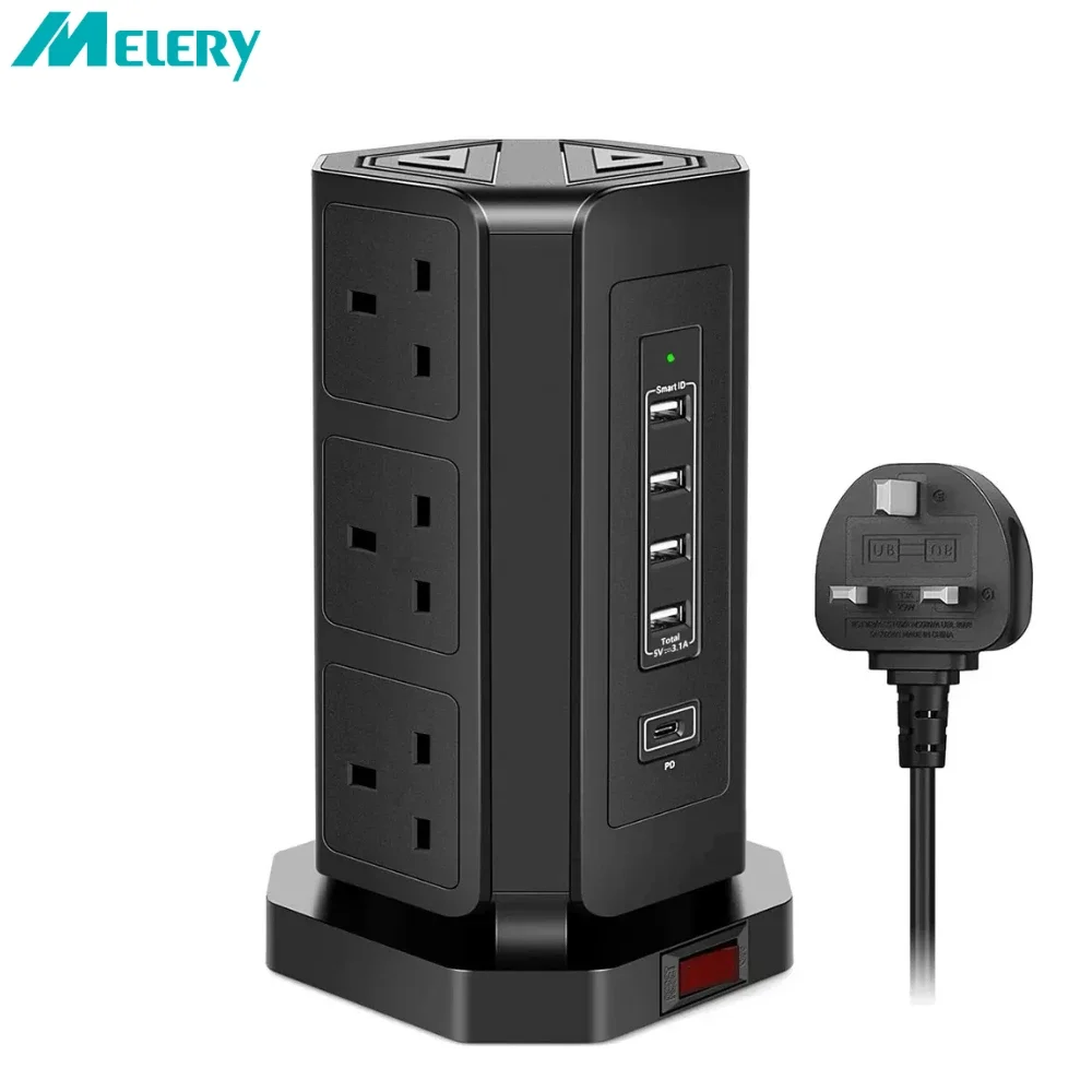 Melery Uk Tower Power Strip Surge Protector Prese Presa Verticale Porta Di Ricarica Usb Tipo C Cavo Di Prolunga Da 1.8M Home Office