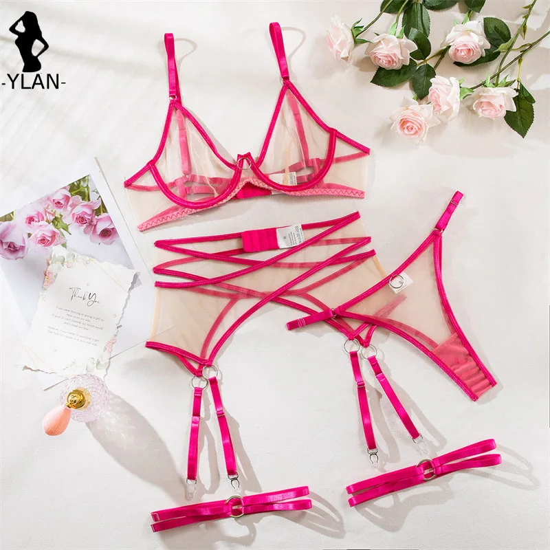 

Sexy Women Underwear Underwire Push Up Bra Mesh See Through Lingerie 4-Pieces Exotic Sets Nude Contrast Color Fancy Underwear