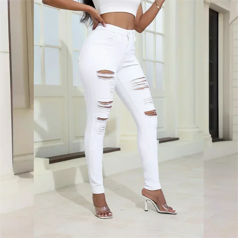 2024 Fashion Broken Holes Women Pencil Jeans Trend Streetwear Slim Fit Denim Pants Casual Solid Color High Waist Female Trousers 2
