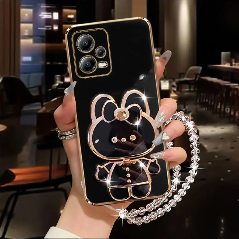 Diamond Strap Mirror Rabbit Phone Holder Case with Stand Cover
