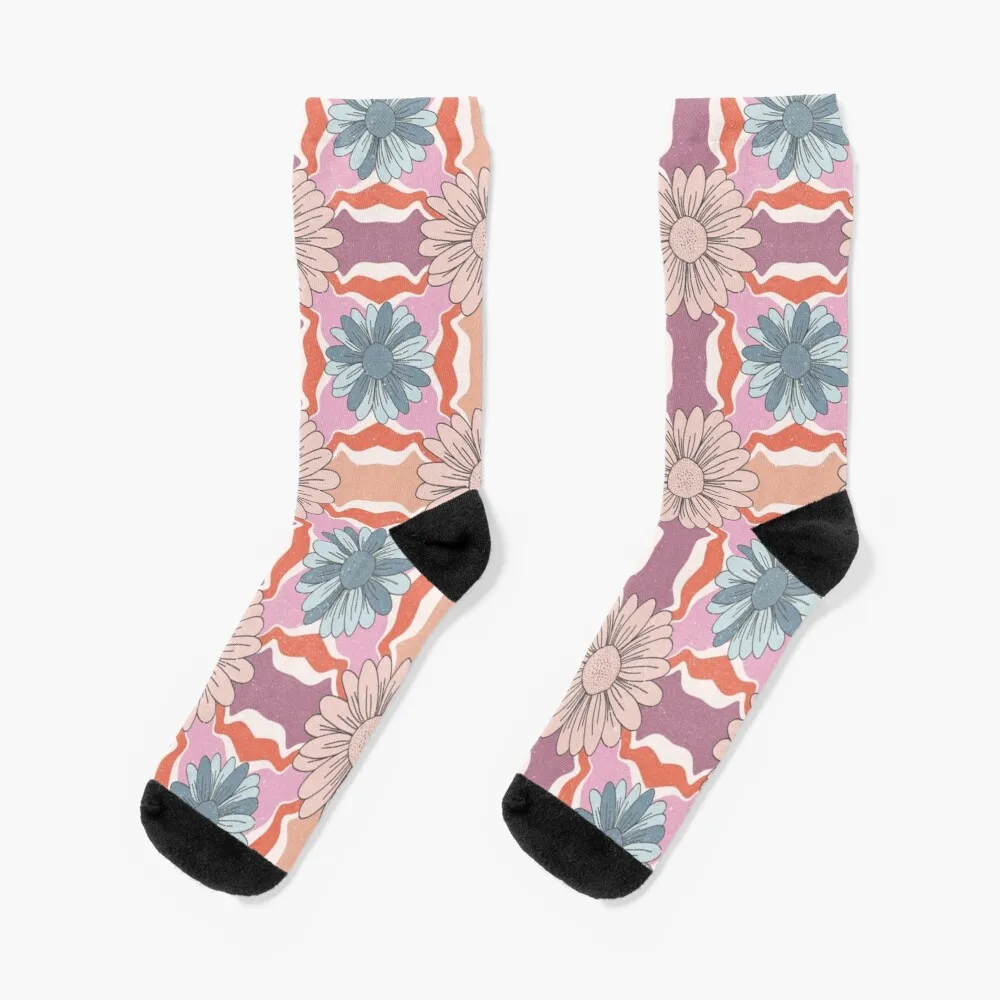 

Retro Daisy Groovy PatternSocks Black Socks