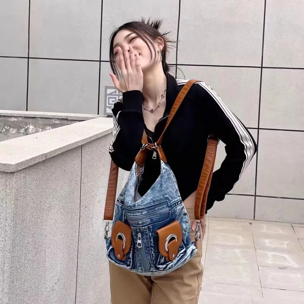Denim Hobo Bag Women's Retro Shoulder Bag Student Leisure Style_voghion.com