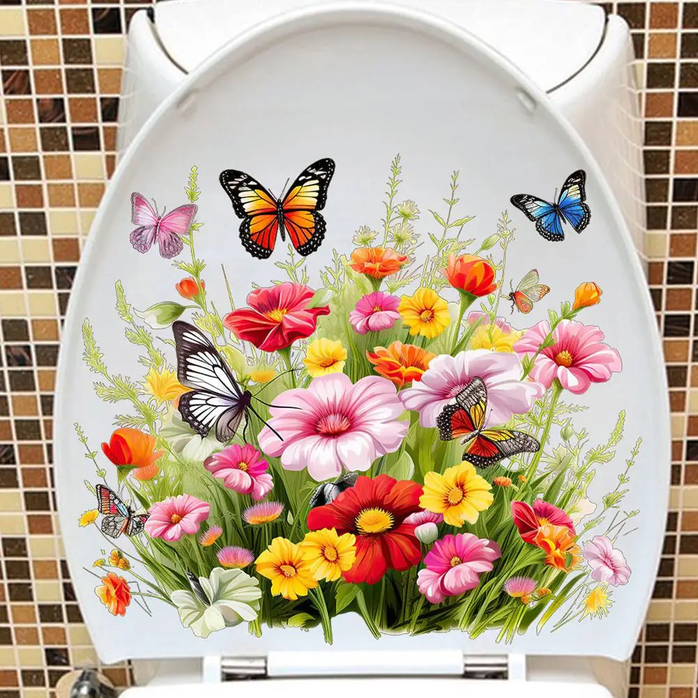 Butterfly Flower Toilet Seat Stickers Self-Adhesive Toilet Lid Decals Diy Removable For Bathroom Home Restroom Decor