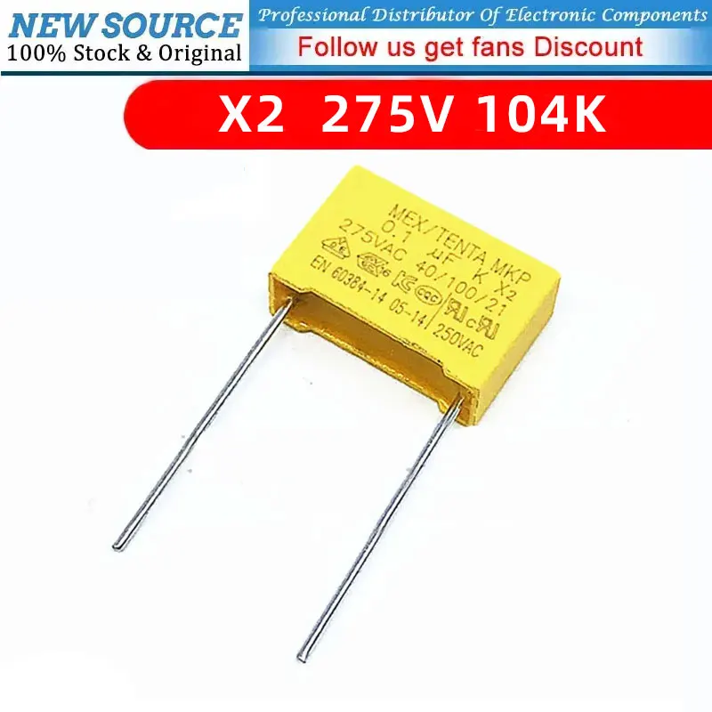 

20pcs/lot 275V 104K Safety Capacitor X2 Polypropylene Safety Plastic Film 0.1uf MKP P=7.5/10/15mm Best Quality