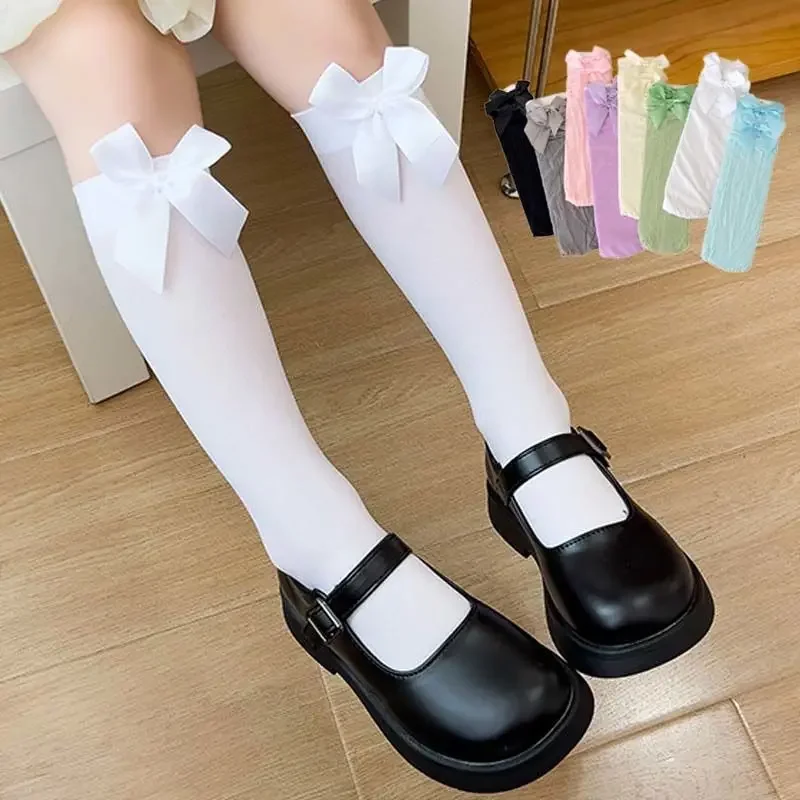 Girls Long Tube Lace Stockings Sweet Bow Jacquard Pattern Mesh Sock Baby Girl Ballet Fishing Net Frilly Socks Lolita Leggings 2