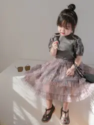Girls' Fashionable Suit Lace Color Matching Short-Sleeved T-shirt Baby Girls' Tutu Pettiskirt Cake Dress Two-Piece Set