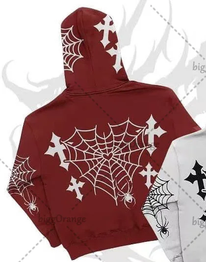 Y2K High Street Hip Hop Casual Fashion Coat Retro Cross Spider Web Print  Zipper Hoodie New Harajuku Women Oversized Sweatshirt - AliExpress