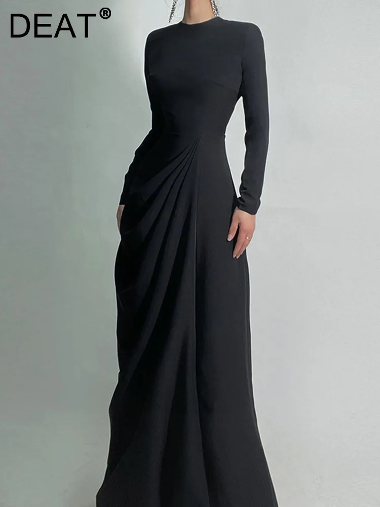 

DEAT Long Luxury Dress Full Sleeve Women O Neck Elastic Waist Spring Summer 2024 New Zipper Elegant Lady Party clothing 15KB944