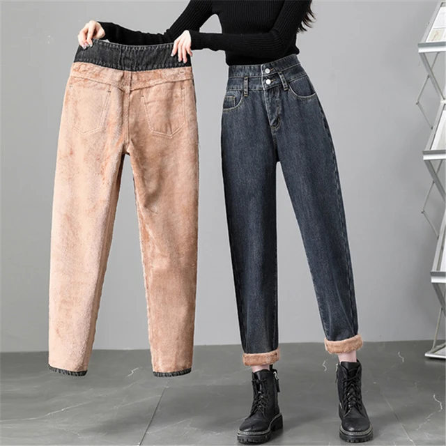 Pantalones vaqueros térmicos de felpa para mujer, Jeans holgados elásticos  de cintura alta, ropa de calle para nieve, Pantalones rectos informales a  la moda - AliExpress