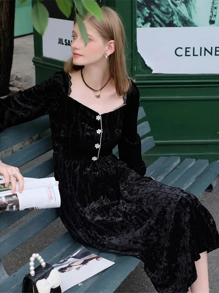 

AIGYPTOS Fall Winter Black Velvet Dress For Women Vintage Hepburn Style Square Collar Long Sleeve Elegant Slim Midi Dresses New