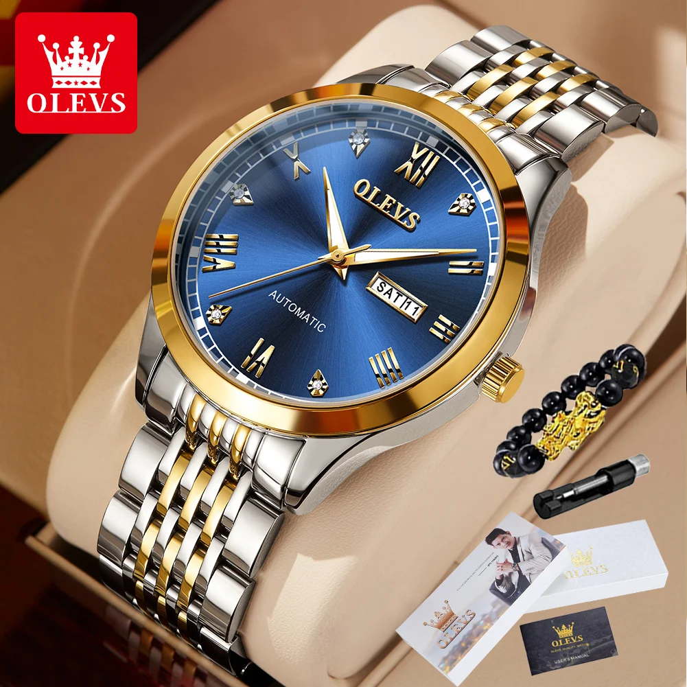 

OLEVS 6602 Men's Watch Business Stainless Steel Waterproof Dual Calendar Men's Automatic Mechanical Watch Luxury Brand Men Watch