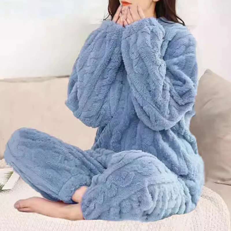 Women's Pajamas Set Winter Sleepwear O-neck Loose Long Sleeve Top Elastic Waist Leg Pant Sets Trousers Plus Size Matching Sets 3