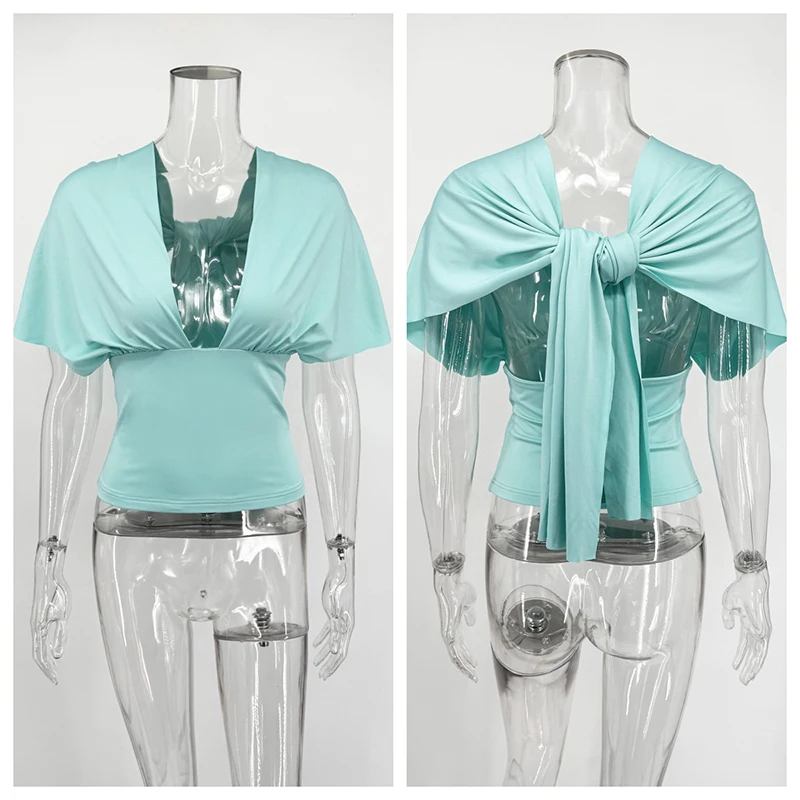 รูปสินค้า เสื้อกล้าม Y2K ทรงฮอลเตอร์ คอวี แฟชั่นปาร์ตี้