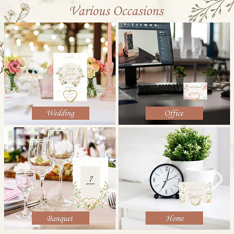 10PCS Metal Place Card Holders Golden Heart-shaped Photo Clip Wedding Table Number Name Sign Stand For Banquet Party Supplies