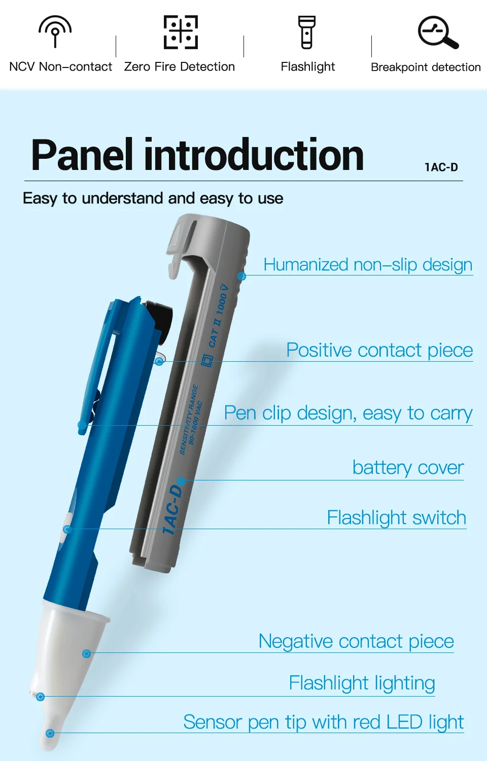 Description Picture 5 of itemAMITOU 1AC-D AC Voltage Detectors Digital Non-Contact Test Pencil Electric Voltage Meters 90-1000VAC line Breakpoint Tester