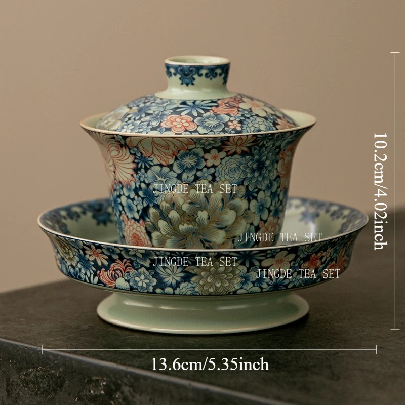150ml Blue and White Ru Kiln Three Talents Bowl Cover Household Enamel Colored Tea Cup High End Kung Fu Tea Set with Lid