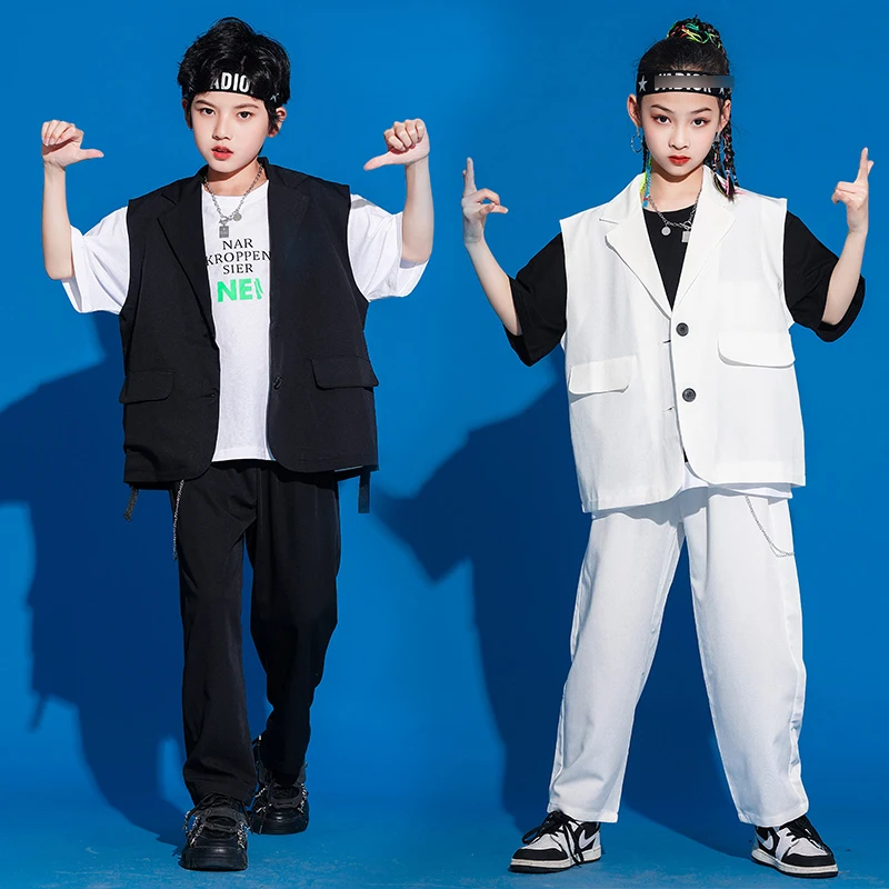 

Детский костюм для уличного танца, одежда в стиле хип-хоп, свободный костюм, белый/черный жилет и брюки для девочек, одежда для джазовых концертов и представлений, BL8500