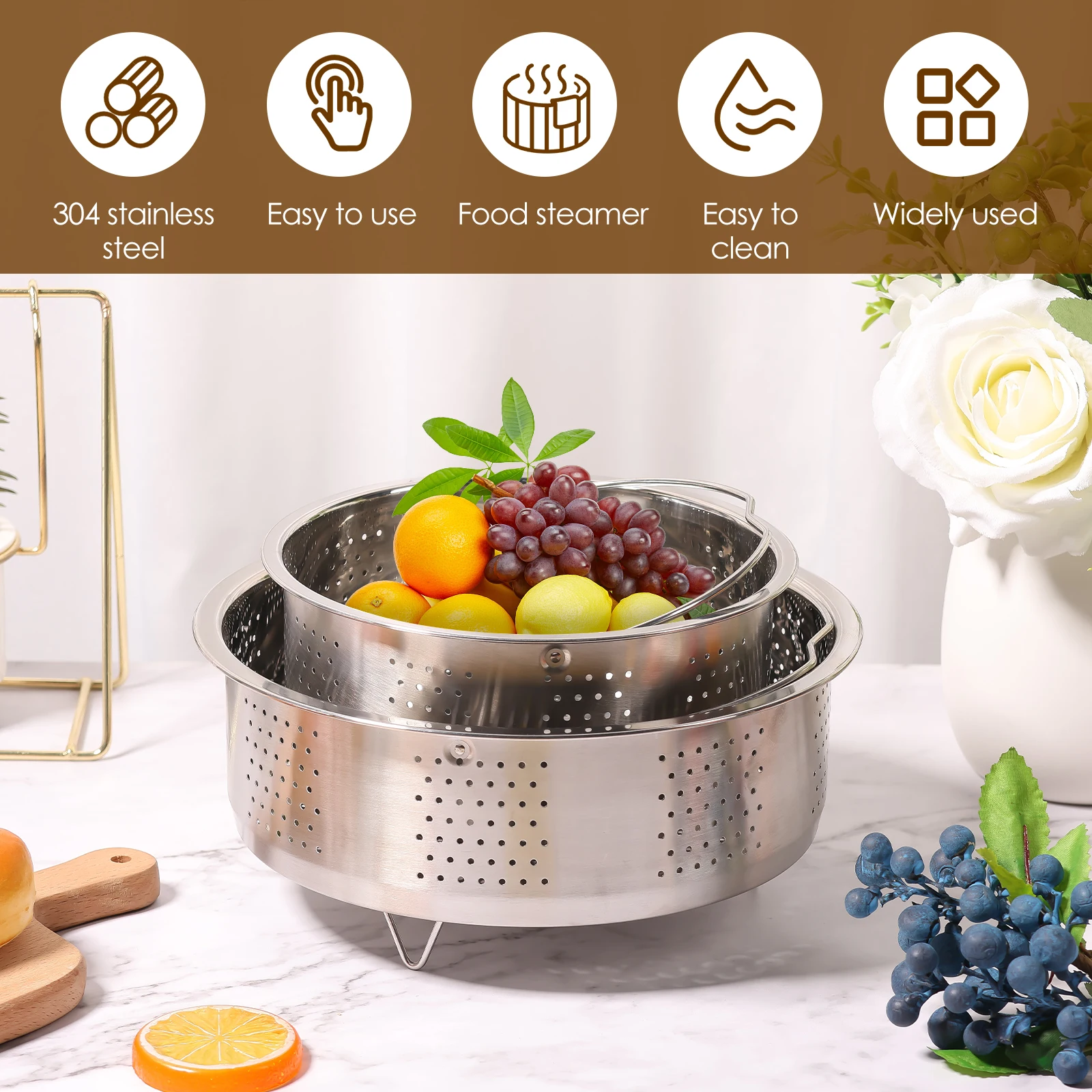 2Pcs Steamer Basket 304 Stainless Steel Vegetable Steamer Basket with Handle and Legs Effective Heating Food Pot Steaming steamer basket