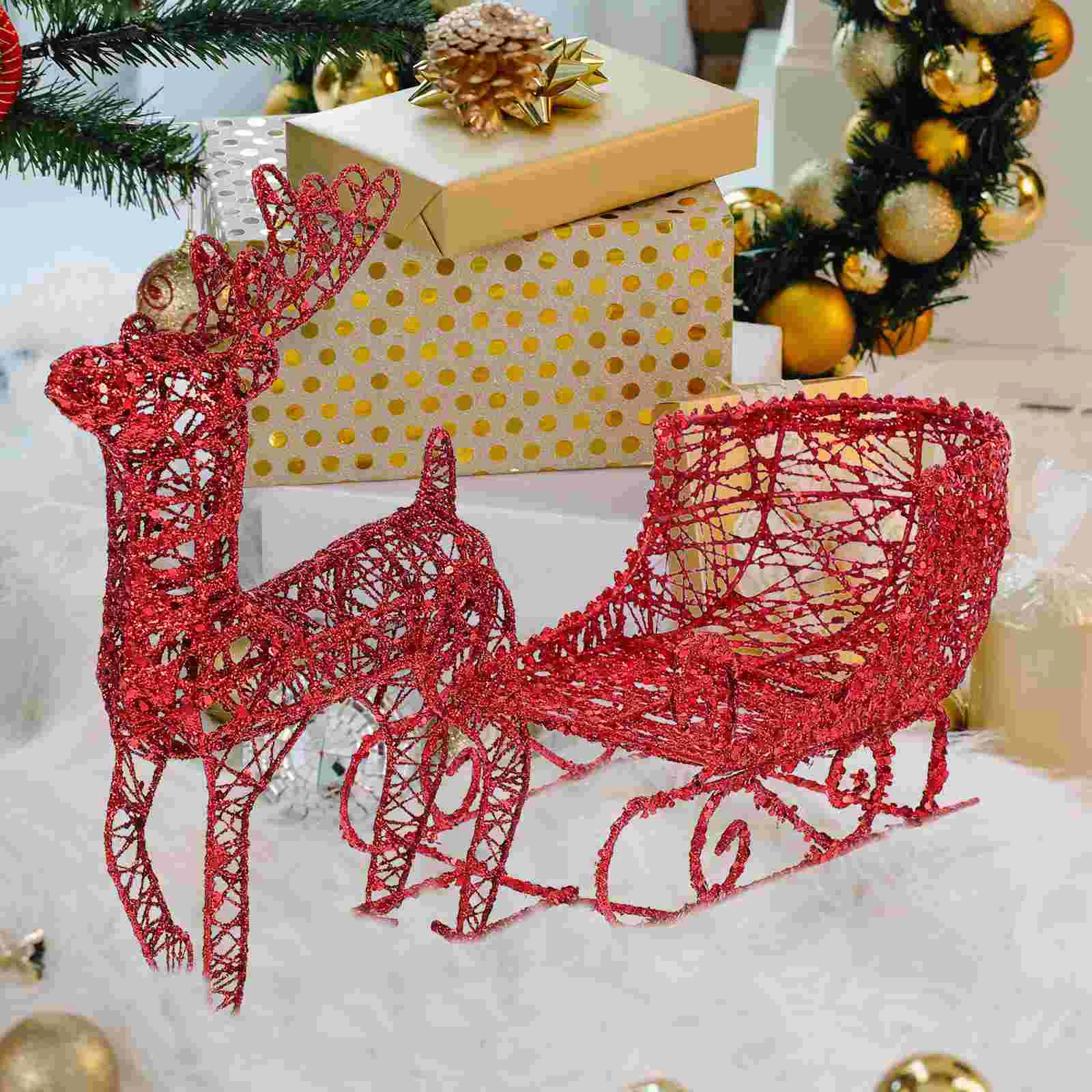 

Christmas Deer Cart Ornament Wrought Iron Mini Reindeer Elk Sleigh Desktop Ornament Home Party Table Figures Decoration