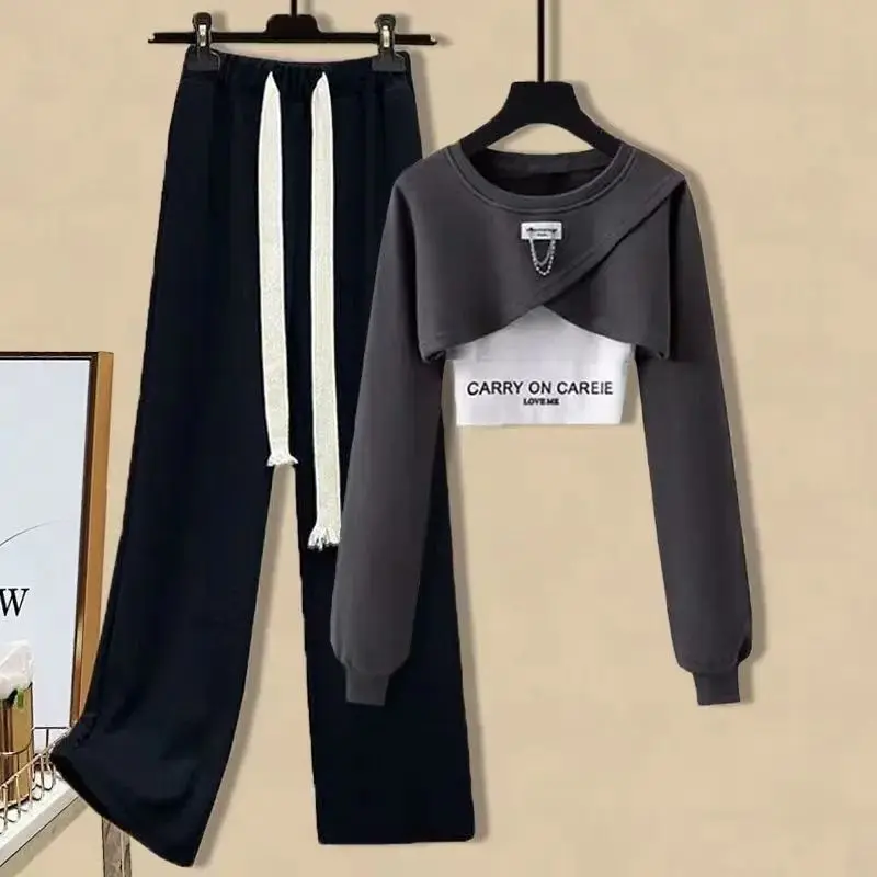 Autumn New Set Women's Korean Edition Loose Set Long Sleeved Top+Versatile Wide Legged Pants Three Piece Set for Women