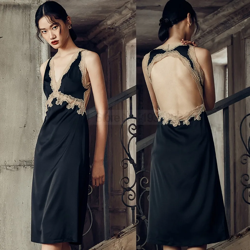 

Backless Nightdress Femme Satin Kimono Dressing Gown Deep V-Neck Sleepwear Nightgown Summer Loungewear Sleeveless Lingerie