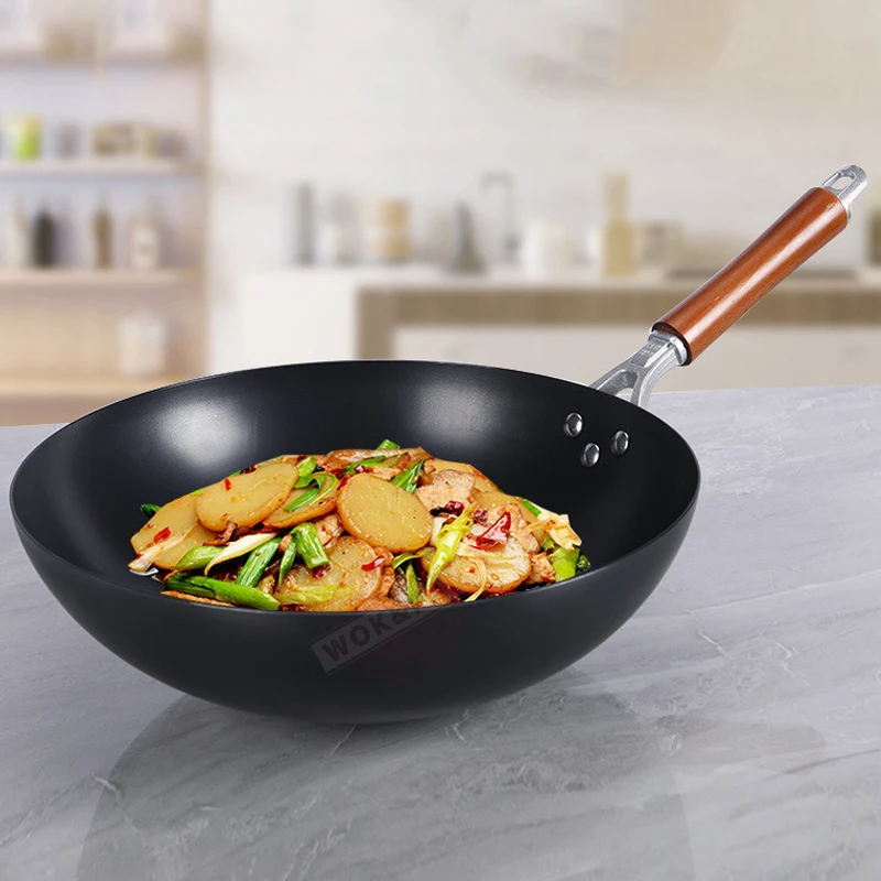 Wok In Acciaio Al Carbonio Martellato A Mano – 32 Cm, Pre-stagionato, Fondo Piatto, Antiaderente Per Ristoranti E Casa