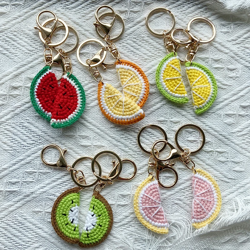 15PCS Cute Knitting Fruit Keychain Creative Knitted Watermelon Lemon Car Keys Weaved Keyrings Bag Accessories
