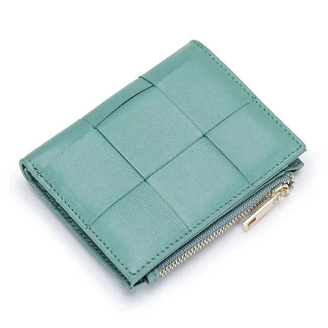 Women Genuine Sheepskin Leather Purse Handbag With Zipper Coin for Female Fashion Short Wallet Money Clip Knitting