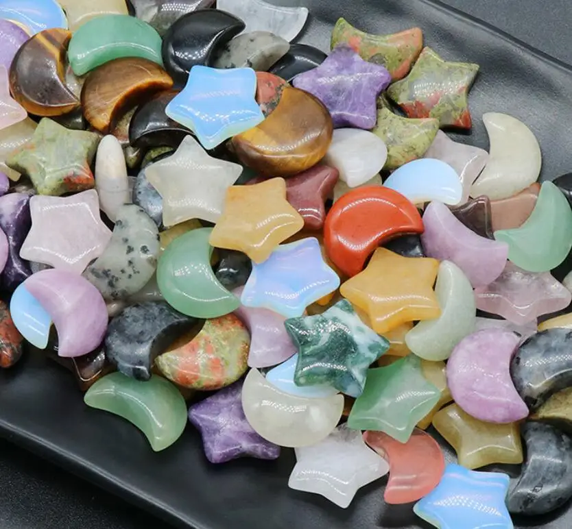 Natural Stone Star Moon Carved Decoration Rose Quartz Healing Crystal Gift Room Ornament Jewelry Making