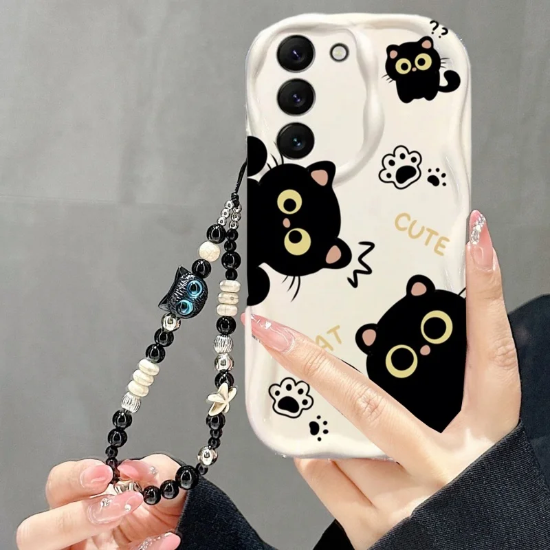Elegant Black Cat Pearl Chain Phone Case