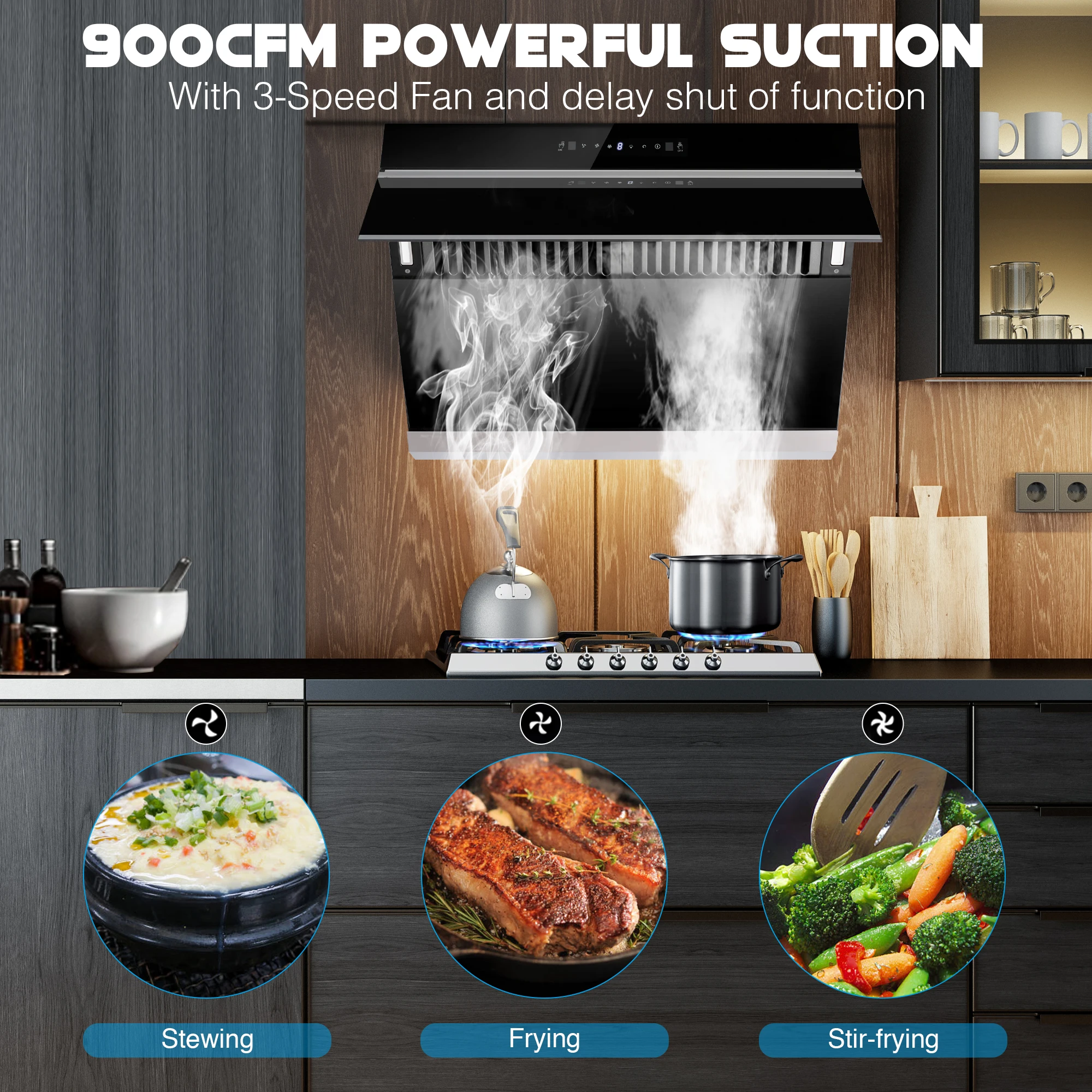 900CFM 30"Under Cabinet/Wall Mount Range Hood w/Heated Auto-Clean Gesture&Touch Control Tempered Glass 3-Speed & Baffle Filter 6