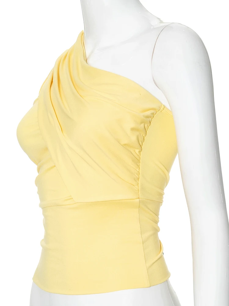 Incline Shoulder Vests Women Solid Concise Summer Stacked Ruched Slim Crop Tanks Female Basic Street Holiday Wild Tops