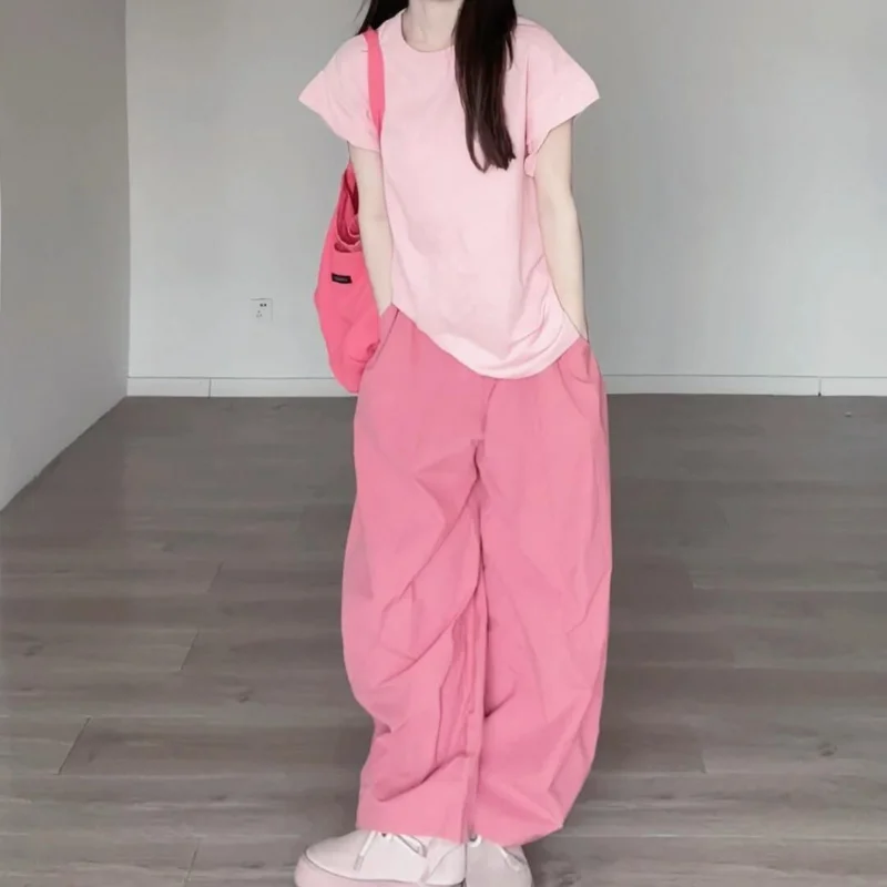 Summer New Fashion O-Neck Sweet Colorful Loose Short Sleeve T-shirt Dopamine Color Set Elastic High Waist Pocket Wide Leg Pants